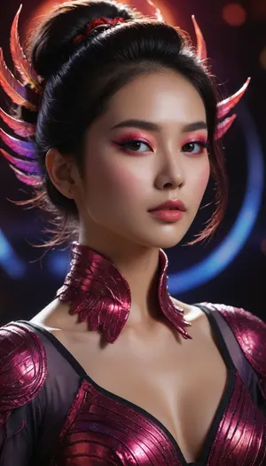 (Full view including boots), . High-fantasy mythic aesthetic, celestial grandeur, detailed textures, luminous magical effects, volumetric god-rays, ethereal glow, crystalline highlights, deep shadow contrast, legendary scale, painterly high-fantasy realism. Character, 45-year-old Korean woman with elegant, powerful, divine presence. Black hair in an intricate chignon bun with soft bangs and long hair cascading down her back. Intensified makeup, bold reds and purples with neon highlights, holographic sheen, luminous sci-fi accents around eyes, temples, and cheekbones, glowing eyeliner, radiant inner-eye shimmer, prismatic lips, cosmic highlighter. Regal posture, heroic expression. Ornate rune-engraved armor with glowing sigils, enchanted fabrics, shimmering filigree, radiant hair-edge glints, luminous mythic eyes, emotional magical aura, starlight reflections across skin and armor. Footwear, celestial winged boots—sleek moonlight-forged metal, iridescent feather motifs sweeping from the ankles, glowing runic trims, kinetic wing-shapes emitting soft neon luminescence. Highly detailed craftsmanship, integrated magical glow, seamless with her armor. Materials, moonlight-forged metal, opal sheen, iridescent accents, celestial silver, translucent crystalline edges, starlight-woven cloth, polished luminous surfaces, glowing enchanted gemstones.Environment, sweeping celestial landscape, floating ruins, sacred altars, cosmic particles, drifting stardust, enchanted fog, moonlit silver mist, rolling nebula clouds, layered starfields, rich atmospheric depth. Cinematic camera, full-body hero shot, ultra-sharp focus, high-resolution fantasy photography, dynamic powerful angles, dramatic perspective, soft diffusion bloom, deep bokeh, crisp rim-lighting, detailed foreground particles, immersive spatial clarity. General style enhancers, mythic epic quality, rich color grading, celestial palette, glowing highlights, elegant composition, divine symmetry, majestic presence, high-fantasy atmospheric drama, SDXL detail. Ultra-glam neon cyber-fantasy makeup, high-fashion editorial intensity, futuristic glow aesthetics. Eyes, hyper-saturated neon pigments—electric red, ultraviolet purple, neon magenta, holo-blue, plasma-glow winged eyeliner, prismatic gradient shadow, luminous inner-eye halo, metallic and iridescent lower-lid accents, micro-spark shimmer, reflective chrome mascara. Face, sculpted cheeks with neon blush gradients, holographic highlighter on cheeks and temples, neon contour accents, faint luminescent circuitry patterns, polished starlight-reflective skin. Lips, high-shine lacquered neon red, cosmic purple, or iridescent hologram, subtle glowing edge-light, mirror-gloss finish.
Brows, glossy, shaped, subtly luminous with soft neon reflections. Overall finish, editorial cyber-fantasy sheen, multidimensional glow mapping, radiant micro-glitter dust, chromatic neon reflections, futuristic beauty aesthetic, clean blending, cosmic glamour. sci-fi styling.
