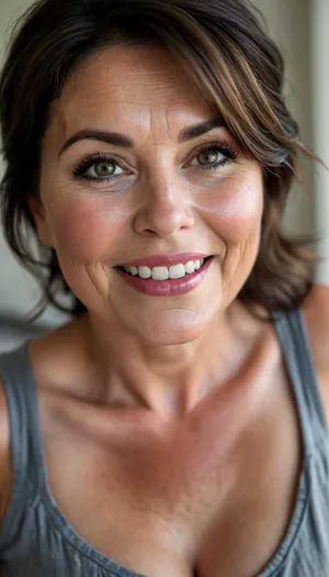 Sagging, ultra realistic, chubby milf wearing a v-neck sleeveless shirt standing in a modern bedroom, 50yo, milf, dark hair, bbw, round face, open mouth, looking at viewer, big smile, flirting, light eyes, (expressive eyes, striking eyes, captivating eyes, mesmerizing eyes), (detailed skin texture, skin imperfections), (age-appropriate skin condition, wrinkles, wrinkled skin, wrinkled face:.5), <lora:style_lora_realis:.8>