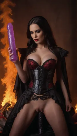 Explicit, vaginal object insertion, realistic, dildo riding, A full-body portrait of a 45-year-old woman with long black hair, tall, elegant, and terrifying. She appears as a hellfire demon-bride. Her gothic black bridal outfit includes a black satin corset with structured cups, front busk closures, semi-sheer lace side panels with ornate baroque embroidery, and dramatic ruffled black silk bursting outward like dark flames. Her sheer black veil glows faintly with ember-like edges, and vivid red roses smolder in her hair as if heated from within.
She wears high-waisted black panties, black fishnet stockings, and a long sheer lace skirt embroidered with dark floral patterns that appear charred at the edges. Her pointed black heels glint like obsidian. Her makeup is extravagant and supernatural, glowing ember-like eyeshadow, heavy winged eyeliner, exaggerated lashes, sharply carved brows, metallic crimson lips, and subtle cracks of glowing lava beneath the skin.
The environment is a hellish landscape, roaring infernos, rising ash, volcanic stone cliffs, rivers of molten lava casting orange-red highlights across her figure, firelight reflecting in swirling smoke. Jagged demonic silhouettes loom in the distant flames. Dark mist blends with burning embers drifting through the air. The atmosphere is apocalyptic, powerful, and supernatural.
Ultra-detailed textures, fiery lighting, demonic fantasy horror aesthetics, woman squatting inserting, (huge dildo:1.9), into pussy, dildo is glowing heavenly white, dildo, sex, toy, vaginal, object, insertion, anal, <lora:dildo-v03-std-e97:.8>