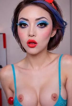 The image shows a yo girl, (Japanese:1.7), She is wearing a sleeveless grey dress with decorative nipple cutouts., (bright lighting:1.2), beautiful detailed eyes, extremely detailed face, perfect lighting, best quality, steel pipe indide pussy, solo, ((anus)), She has long, wavy brown hair and is smiling while applying red lipstick. She holds a red lipstick in one hand and a compact mirror in the other, which is partially open. Red sunglasses rest on top of her head, and she has pinky-red nail polish, matching her lipstick. The background is plain and light-colored, emphasizing her as the focal point., ((makeup:1.5), long blue eyelashes with eyeliner:1.2), (big lips:1.3), (purple pussy:1.1), ruined, makeup, green, eyes, blue, brown, perfecteyes, heart_areola, <lora:ruined1:1.4>, <lora:PerfectEyesXL:.9>, <lora:Heart_Areola_Nipple_SDXL:2>