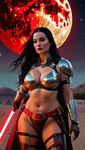 A chubby Mandalorian, (hourglass waist), long black hair, medium breasts, shaved vagina, large and perfect buttocks, wearing revealing sexy black armor, (no bra, no armor panties), with red details, pale white skin on display, on the moon, with a spaceship in the background, wielding a red lightsaber. D&D, fantasy, highly detailed, digital painting, ArtStation, sharp focus, fantasy art, illustration, 8K, in the style of Greg Rutkowski. It is an absolutely magnificent work of art. An aesthetically pleasing piece, with impeccable attention to detail and impressive composition.