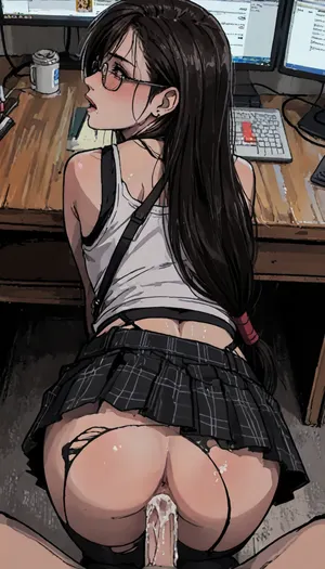 ((markgavatino style)), Masterpiece, Close up view of the most amazing sweet sexy petite tiny asshole being flooded with cum and drooling a lot of cum on a desk, asshoke, ass, anal creampie, cum overflow, mini plaid skirt, upskirt, ripped pantyhose, seductive eye contact, black hair, Asian, Tifa Lockhart, final fantasy, tifa Lockhart cosplay, ponytail, looking over shoulder, glasses, ratatatat74, <lora:LCMTurboMix_Euler_A_fix:1.4>, <lora:EnvyBeautyXL02:1>, <lora:mk_Bp Anime_xl:1>, <lora:EnvyAnimeDigitalPaintingXL01:1>, <lora:ratatatat74-000050:1.9>