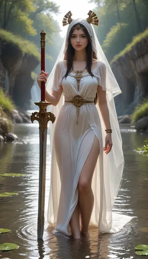 Masterpiece, hyper-realistic, hyper-defined anatomy, full_image_view, 4k resolution, extreme wide shot, extreme long shot, Ancient Priestess of Water, Nimue the lady of the lake, emerges from the middle of a lake, she is holding the legendary great sword Excalibur, (both of her hands are clasping the hilt, (her right hand is above her left hand), and her left leg is wrapped around the front of the blade), in front of her and the blade is pointed down
