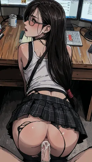 ((markgavatino style)), Masterpiece, Close up view of the most amazing sweet sexy petite tiny asshole being flooded with cum and drooling a lot of cum on a desk, asshoke, ass, anal creampie, cum overflow, mini plaid skirt, upskirt, ripped pantyhose, seductive eye contact, black hair, Asian, Tifa Lockhart, final fantasy, tifa Lockhart cosplay, ponytail, looking over shoulder, glasses, ratatatat74, <lora:LCMTurboMix_Euler_A_fix:1.4>, <lora:EnvyBeautyXL02:1>, <lora:mk_Bp Anime_xl:1>, <lora:EnvyAnimeDigitalPaintingXL01:1>, <lora:ratatatat74-000050:1.9>