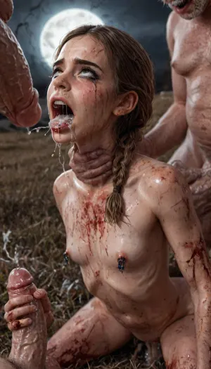 random sex scene, rapefantasy, Rating_explicit, (score_9, score_8_up, score_7_up, source_bdsmrape:1.12), close up, detailed and infocus face, UHD, 8k wallpaper, (maximum quality:1.5), (ultra high resolution:1.7), (masterpiece:1.2), (full body view), award winning photo, (Extreme:1.5), (insanely detailed:1.9), (realism:1), (realistic:1.7), (hdr:1.4), hyper-detailed realistic body, hyper-detailed realistic face, (warm ambient light:.5), (dark shadows:1.4), (inside torture chamber), 100% exact matching 18 years old tiny english Pornstar Hermione Granger face, (((18 years old), (1.52 meters), (34 kg), ((NUDE)), (english:1.7), (ultimate realistic 18 years old tiny english Pornstar Hermione Granger face real_body:1.1), (shiny skin:1.7), (skinny:1.5), (ultimate realistic 18 years old tiny english Pornstar Hermione Granger face real_face:1.1), (brown braided hair), long straight hair, ruined black makeup, runny makeup, (big brown eyes), eyelashes)), exhausted ecstatic expression, open mouth, painful, starring into the camera, ((Hyper realistic)), (ultra HD image), 8k, super high quality, super high resolution, extremely detailed, perfect face, perfect eyes, (cum explosion from nose:1.3), (cum explosion from mouth:1.3), ((crying alot:1.165)), extremely shy, ((old man fucking her from behind:1.5)), ((view from the side)), ((brutal sex:1.24)), ((extremely rough pounding)), ((forceful)), (in a bloody field after a battle, white full moon in the sky:1.4), (man is choking her from behind:1.2), ((hogtied, bound with large chains, tied to a torture table:1.12)), ((12 giant african muscular men:1.4)), (opening wide her little mouth:1.12), (interracial sex), ((anal fuck 1.12)), ((deepthroat:1.24)), ((visible huge bulge deep down throat:1.24)), trying to fit my, (massive black cock:1.4), (whole massive cock in mouth:1.5), in her mouth, ((long brunette ponytail hair)), (huge testicles:1), ((hands on cock:2.4)), ((handjob:2)), ((tears:2)), anal sex expansion, large hyper muscular fat old men, (double anal sex), swollen white veiny cocks, (double anal penetration:1.4), hardcore double penetration, proper physics, big white cocks, muscular white double anal gangbang, (forceful penetrations), extremely graphic, shocked expression, beautiful hands, massive cum in ass, (eyes wide open in horror:1.72), (wide mouth spreader:1.8), (pleading expression:1.56), (terrified:1.48), (crying:1.48), (fear and panic:1.56), (pulled nipple clamps:1.4), (anal spit roast:1.12), (large massive cock in mouth:1.12), deep anal penetration, (very high view:1.12), (detail Hermione Granger:1.32), (detail Hermione Granger face:1.16), Hermione_Granger, a, woman, wearing, red, dress, sweater, coat, and, scarf, in, jeans, jacket, pink, zip, hoodie, pant, <lora:LCMTurboMix_Euler_A_fix:2>, <lora:detailed_notrigger:2>, <lora:photorealistic_portrait_notrigger:2>, <lora:JuggerCineXL2:2>, <lora:Hermione_Granger:2>