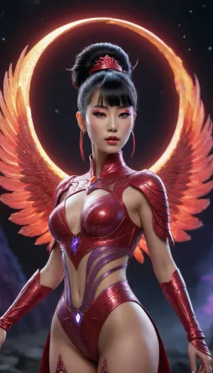 Full body view. Korean woman, 45, powerful and divine. Black hair in an intricate chignon bun with soft bangs and long hair down her back. Dramatic neon cyber-fantasy makeup, bold reds and purples, holographic glow, luminous sci-fi accents, plasma-bright eyeliner, prismatic lips, radiant highlighter.
She strikes a dynamic combat stance, armor glowing with runes and sigils, enchanted fabrics flowing with energy. Moonlight-forged winged boots with iridescent feathers and neon-lit runic edging flare as she moves. Mythic eyes shine with starlight, an aura of celestial power ripples around her.
Materials, opal-sheen metal, celestial silver, crystalline edges, starlight-woven cloth, polished luminous surfaces, softly glowing gemstones.
Environment, sweeping celestial battlefield, floating ruins, cosmic particles, drifting stardust, moonlit mist, nebula clouds, starfield depth, energized atmosphere.
Lighting & camera, action-hero angle, dramatic perspective, ultra-sharp focus, cinematic glow, volumetric god-rays, dynamic motion trails, rim-lit silhouette, crisp foreground particles.
Aesthetic, high-fantasy epic scale, cosmic glamour, neon accents, radiant micro-glitter, multidimensional glow mapping, SDXL detail.