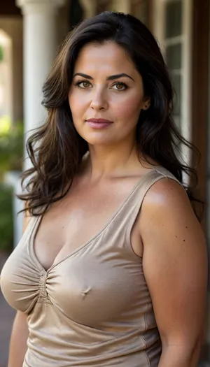 Obese, Macedonian, Sagging, ultra realistic, wearing a v-neck sleeveless shirt standing in a outside patio, 50yo woman, tan skin, black hair, bbw, chubby, curvy, round face, open mouth, looking at viewer, flirting, light amber eyes, (expressive eyes, striking eyes, captivating eyes, mesmerizing eyes), (detailed skin texture, skin imperfections), (age-appropriate skin condition, wrinkles, wrinkled skin, wrinkled face:.5), fabric impression, subtle contour, faint outline, satin texture, raised detail, clothing silhouette, soft material tension, gentle fabric pressure, natural body shape, realistic fabric behavior, thin stretch fabric hugging contours, <lora:style_lora_realis:.8>