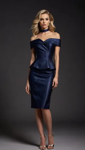 full view including heels, 1girl is a tall, athletic, glam, sophisticated, 45yo blonde lady, voluminous, perfectly blown-out blonde hair with lustrous shine, smooth texture, and dramatic face-framing waves. Hyper-polished glam makeup, airbrushed glass-like complexion with intense highlight and sculpted contour, high-drama lashes, bold winged eyeliner, metallic rose-gold and champagne eyeshadow with radiant shimmer, precision-shaped brows, and full glossy lips in a vibrant pink sheen. High-fashion, red-carpet, luxury beauty aesthetic with ultra-sharp detail, 1girl wearing A sophisticated couture-style navy midi dress with a sculptural off-the-shoulder portrait neckline, elegantly folded into an architectural collar. Three-quarter fitted sleeves. Tailored bodice with a precise waist seam and an asymmetric structured peplum panel. Deep navy jacquard fabric featuring raised floral patterns woven in a slightly brighter blue thread, giving a textured, satin-sheen relief effect. Pencil-cut skirt falling to mid-calf, with floral motifs becoming denser toward the hem. Luxurious, high-end material, clean lines, refined silhouette, modern and polished design. 1girl wearing luxury women’s metallic heeled sandals with a slim stiletto heel, elegant minimal strap design, open toe, high-shine silver finish with clean reflective surfaces. Delicate ankle strap with a small buckle, refined modern silhouette, premium evening footwear. Photorealistic product display, soft studio lighting, high-resolution fashion accessory photography, crisp edges, perfect reflections, smooth metallic texture