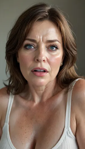 Sagging, ultra realistic, fat milf wearing a light v-neck sleeveless shirt standing in a modern bedroom, 50yo, milf, brunette, bbw, round face, open mouth, looking at viewer, flirting, blue eyes, (expressive eyes, striking eyes, captivating eyes, mesmerizing eyes), (detailed skin texture, skin imperfections), (age-appropriate skin condition, wrinkles, wrinkled skin, wrinkled face), <lora:style_lora_realis:.8>, <lora:rknArouseXL:.8>