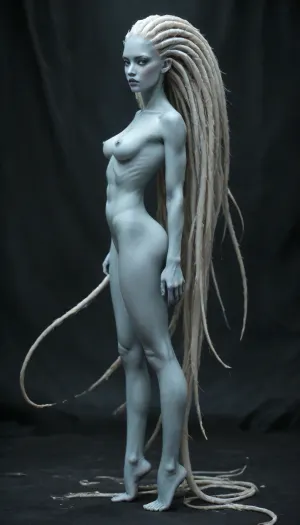 1 sexy femalien posing creepy, (side view), (large thin lips:1.2), (long ornate black silk clothing:1.5), (extremely long tentacle hair:1.3), (platinum hair:1.3), (long thin face:1.2), (blue skin:1.3), (very long thick eyelashes:1.1), (bright teal eyes:1.4), (muscular alien body:1.3), (long legs:1.1), collarbones, (sexy tiny breasts:1.3), (thin waist:1.1), (small nipples:1.2), (bubble butt:1.3), (thick athletic thighs:1.4), (long arms:1.3), (nude:1.3), (full body view:1.3), (perfect face), (perfect eyes:1.3), 8k, spaceship
512/3000, alien, species, futuristic, suit, electalien, artstyle, <lora:alien-species:2>, <lora:Alien_God_V3:2>, <lora:Electric Alien - Trigger is ElectAlien Artstyle:2>