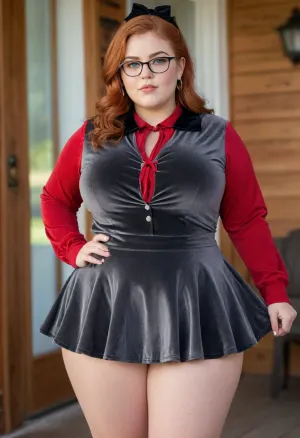 (photo taken on front porch of a wooden house, sunhine:1), (chubby detailed face:1.1), photo shows complete body, dynamic, realistic, perfect lighting, (best shadows), 8K, UHD, clear image, (best lighting), best quality, ultra detail, fine detail, high resolution, 8k wallpaper, masterpiece, lipgloss, one obese female, (European Swedish mom 30 years old:1), ((chubby body with massive tits:1.4)), (((plump, small, petite, height 175 cm, strong legs, fat round ass, autumn, chubby waist, wide hips:1.4))), (detailed green eyes, long wavy red hair, individual hair strands in face:.8), (very detailed face, beautiful, light freckles, tanned skin, full lips), ((wearing a detailed shimmering dark grey velvet skater skirt:1.4), (light red cotton fabric blouse with collar, blouse knotted at the stomach:1.4), detailed high platform shoes, (glasses:1.2), big earrings), chest, big, breasts, huge, gigantic, hips, thighs, wide, thick, plump, belly, female, arms, extra, <lora:Venus_Body_Alpha:.4>