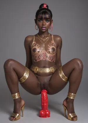 Ultra-realistic, perfect natural skin texture, realistic skin pores, professional photography, best shadow, 8K resolution, UHD, clear image, extremely complex details, ultra-high definition, ultra-sharp textures, full dynamic range, deep contrast, high definition, smooth gradients, full body view, full face, young Nigerian girl, 18 years old., (black skin:2), (hairstyle, straight bangs, ponytail, multicolored hair), (beautiful curvy face, perfect thick lips:1.3), (intricate green eyes), (dark purple lipstick), cute makeup, (legs wide apart, (pussy spread), (red dildo:1.5), curvy face), (perfect small breasts, perfect big ass, thick thighs, chubby body, wide hips), (oiled body:1.5), (perfectly shaved pussy:1.4), (and pink tattoo in the form of a horse on the pubis:1.6), ((perfect purple vagina:1.3)), unkempt pubis, natural pubis, (piercing in a nautical style, African jewelry, gold jewelry, necklace, suspenders on the arms), ((golden garter, leg armor)), artoflips, uoclips, lips, lipstick, art, of, <lora:Art_Of_Lips_PONY_XL_By_UOC:.6>