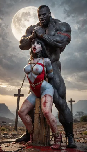 (vampirella:1.32), ((Vampirella is a tall, pale woman with a mane of raven-black hair and green eyes. Her look is that of a skimpy, red sling bathing suit barely covering her nipples and genitalia, with a golden bat emblem over the crotch. She wears an upturned white collar at her neck, long, high-heeled black boots, and a golden bracelet on one arm)), female drow elf barbarian, (blue skin:1.82), tall, angry, busty, curvy, thin waist, big boobs, big butt, slim, fit, vitiligo, strong, fur pelt armor, dungeons and dragons, purplish blue skin, black and purple hair, Dark, Elf, Warrior, Drow, tattooed, scarred, purple eyes, blue skin, amazon, giant, fur barbarian armor, bloody, blood spatter, bear, bear heart, (in a bloody filed after a battle, white full moon in the sky:1.4), (man is choking her from behind:1.4), ((hogtied, bound with large chains, crucified to a torture table, spikes through hands:1.3)), (torture:1.32), (large sharp sword in anus:1.12), cock in mouth, (brutal face fuck), Blowjob, (tears in eyes:1.5), (running makeup), (cum drips from nose:1.3), (cum drips from mouth:1.3), ultra hd, photorealistic, hyper gigantic large black cock in mouth, (((hyper gigantic large black cock in mouth:1.3))), gangbang, double anal penetration, anal spitroast, groupsex, deepthroat, (4 gigantic African black brute thug, huge trunklike arms, huge head, hyper muscular body, dressed in slave clothes:1.32), ((hogtied, bound for sex, tied up)), (((hyper gigantic large white cock in mouth:1.3))), (pulled nipples:1.2), nipple clamps, (((spitroast))), (((hyper large cock in mouth:1.3))), screaming, shocked, deep anal penetration, Uber realistic, 8k, ultra detailed, masterpiece, arched back, detailxl, 35mm photograph, film, professional, 4k, 1girl, 5 boys, hdr, photographic, ultra realistic, ultra high details, back light, (front view), (dynamic pose), best quality, incredibly lean body, anal sex, with large muscular black men, gargantuan black cocks, large hyper muscular fat old men, (double anal sex), swollen white veiny cocks, (double anal penetration), hardcore double penetration, proper physics, big white cocks, muscular white double anal gangbang, (forceful penetrations), extremely graphic, beautiful hands, defeating a woman in combat, fighting, killing, blood, winning fight, magazine cover, Realism_Quality_2xx_By_Stable_Yogi, score_9, score_8_up, score_7_up, (((very pretty face:1.3))), (((extremely ultra detailed face:1.3))), perfect fingers and hands, upper body view, (extreme size difference:1.6), (ultra realistic), (maximum quality), (high resolution), (extreme detail), (ultra realism), UHD, super high quality, highly detailed, high resolution, perfect lighting, natural lighting, (dynamic angle), (random angle), (random pose), (dynamic view), (random view), golden hour, rich details, nature-inspired color palette, <lora:Dark_Elf_Warrior:2>, <lora:Drow:2>, <lora:zavy-brbrn-sdxl:2>, <lora:LCMTurboMix_Euler_A_fix:2>