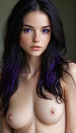 (20 years old woman), full body, long black hair with purple highlight, ((visible perfect boobs)), small breasts, (long legs), perfect face, perfect tits, purple eyes, cute, petite body, slim, fit, (perfect visible pussy), (naked), perfect eyes, beautiful face, fluxenh4nce, freckles, novuschroma69, dual, dichotomy, <lora:MJ52:.3>, <lora:FLUXEnh4nce:.8>, <lora:SdXL_better freckles_epoch_16:.8>, <lora:novuschroma69 dual:2>