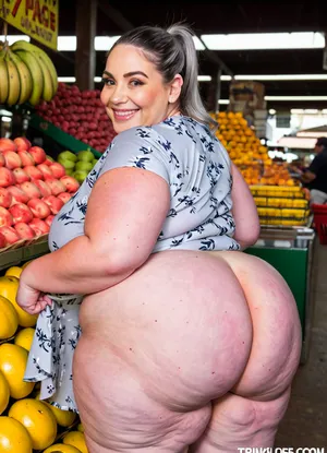 (90 year old gilf:1.5), (caucasian ethnicity:1.2), (pale skin:1.05), (looking back at the viewer smiling:1.3), . She has, (grey hanging ponytail hair:1.5), . Wearing, (floral dress:1.3), ., (wrinkles:2.05), (fat woman, gilf face, curvy waist, very fat thighs, big butt:1.65), In fruit market. portrait