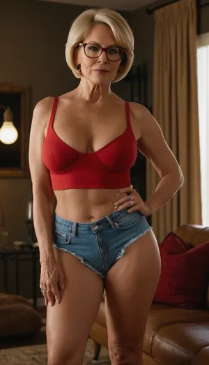 Beautiful 60 year old MILF with glasses, short blonde hair, bob hairstyle, dressed like a sexy cowgirl jean shorts and skin tight red crop top, hour glass fiure, bubble butt, medium sized breasts, sexy photoshoot, teasing the camera with her body, she is Ina modern living room