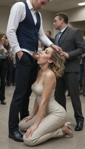 elite law office, female lawyer, kim wexler, female closed eyes, People view, audience in business clothes, male next to female, sexy professional blonde female, hand on head, submissive female, full body, kneeling, strapless, tube, dress, bodycon, eager, loving, unzipping his pants, unzipping his trousers, beautiful, detailed face, nice erect dick, ready for blowjob, licking, dick deep in mouth, deepthroat, (bulging throat:1.4), pushing head, gagging, giving handjob to another man, <lora:Plain_tube_dress:.8>, <lora:crowd_notrigger:.8>
