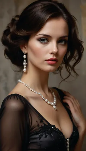 Tatiana@gudii
David Downton and Pavel Guzenko paint in oil a beautiful brunette, transparent black kimano studded with white pearls, abstract erotic art granq sfumato, modern, retro style, digital art and