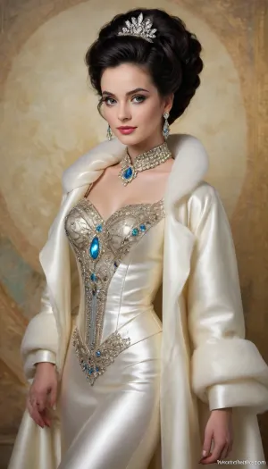 mother-of-pearl pointelligence painting, panel art, on a patterned background of rhinestones, graceful delicate beauty she loves large large sparkling topazes and opal satin, massive large topazes on her neck, thick black hair in a hairstyle, on her shoulders a bolero coat made of voluminous draped organza, in the style of Andre Cohn+Makovsky, on ivory matte background, beautiful, bright lighting, 30mm lens, very gentle