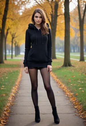 Slender girl walking in the park, short fur hoodie, seamless black pantyhose, over-the-knee boots, high heels boots