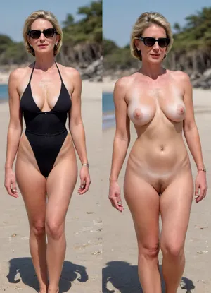 ((Classic mature lady 45 years old)), very tall and skinny and athletic body, pale skin with tan marks, huge titts, detailed skin with stretch marks and wrinkles, hairy genitals, long darkblonde bob hair, 45 years old mature woman, skinny body, (full body in view full nude with very hairy pussy and huge labia majora), skin with stretch marks, (same person, same pose, same angle), (2Split screens, 2split views, onoff:1.2), (wearing a black swim suit with dotted pattern and sunglasses and sandales and pearl earrings), BREAK, (blurry beach background), arrogant expression, perfecteyes, <lora:OnoffXL_ExtraCrispy:.5>, <lora:PerfectEyesXL:.8>