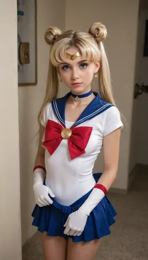 18 years blond girl in livingroom, Cosplay Sailor moon., moon_a_xl, double, bun, twintails, long, twin, tails, blonde, parted, bangs, circlet, jewelry, earrings, choker, sailor, senshi, uniform, red, bow, white, gloves, elbow, blue, skirt, <lora:セーラームーン Sailor Moon  (Pretty Soldier Sailor Moon)_XL:.8>, wxpippper, <lora:piperXL:.8>, She is trying to seduce daddy., shirtspread, <lora:shirtspreadv10_SDXL:.8>