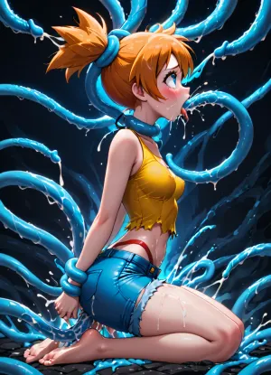 Misty from Pokémon, wearing her classic outfit, 1 girl, on knees, fucked by Tentacruel from pokemon, slimy blue tentacles caressing her body, ahegao, glowing blue eyes, cum on back, Arms held back, head held back, ripped clothes, tentai, bukkake, graphic triple penetration, forceful sex, brutal sex, CNC vibes, she is being lifted off the ground, she is floating in the air, violently fucked and ravaged by the tentacles, her body is lifted off the ground, her toes are bare, she is wearing her outfit from the anime, blue denim shorts, yellow shirt, red suspenders