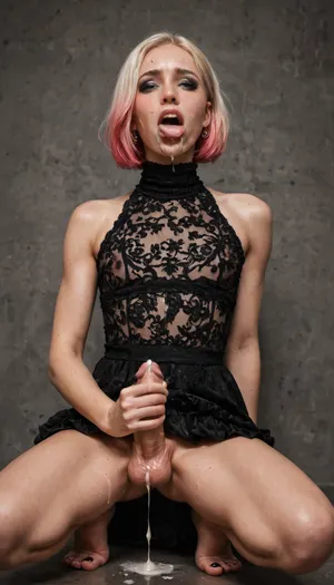 realistic semen, perverted, kinky, whore, androgynous face, nose piercing septum ring, orgasm, drool drip from mouth, (Clothes and body covered with semen:1.3), (she dreamed being slave), (futanari:1.3), ((femboy)), ((sissy boy)), slender face, slender body, small tits, pink dyed bob cut, black eyeshadow, (squatting on floor), (tight high neck black lace dress top), sleeveless, (wet cloth with her semen), wet face, pale skin, visible nipple, slightly muscular arm, (ahegao:1.2), ((she hold her penis as hand job)), ((she try jerk off her penis with one hand)), (she fingering her mouth), (lot of cum from her penis), solo, perfect hand position, perfect penis position, perfect penis, dark room, dark, dim lighting