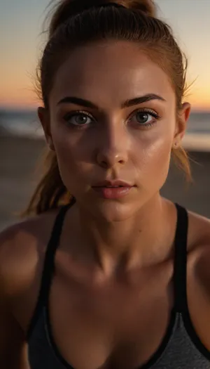 ziprealism, (21 Year old, fitness model, inspirational esthetic, beach sunset:1.4), (perfect eyes, focus on eyes:1.2), (shallow depth of field, layered composition, analog lens, low angle view:1.2), (split lighting, contrasting shadows:1.8), (sports bra, power stance, confident pose:1.4), (ultra realistic, 8k, 4k, ultra-detailed, Instagram model, professional photography, maximum quality, uhd, RAW photograph), Scandinavian, Viking, Irish, Scottish, (grey eyes, gray eyes, large expressive eyes), (detailed eyes, high resolution eyes, natural skin texture, high quality eyes), (fit body, toned body, athletic body, muscular shoulders), (large breasts, soft breasts, pale breasts), (wide jaw, strong jaw, square jaw, prominent high cheekbones, lean face), (vibrant auburn hair with dark roots and coppery highlights:1.2), (tight ponytail, strict hair style:1.4), (determined expression, fierce competitor:1.2), Stable-Yogis-Makeup-Enhancer-XL