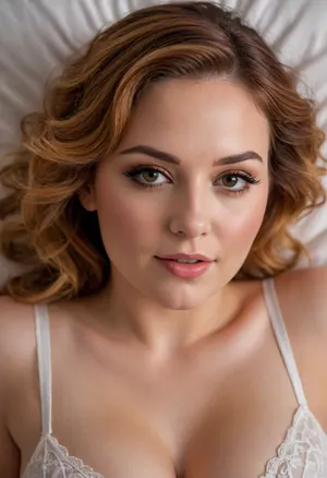 Closeup of her face, smirking, having an intense orgasm, lip curled up on one side, lips slightly parted, one eyebrow arched up, beautiful woman, bright amber eyes, (eyeliner, winged eyeliner), chubby, tight white lingerie, cleavage, in her 20s, thick, in bed, laying on her back, (auburn ombre hair), (indirect lighting), shot from above, eye contact, 8k