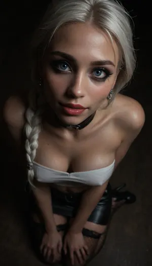 (score_7_up, score_8_up, score_9, 1girl, solo, masterpiece), ((face close-up)), ((on her knees)), (smile), (overhead view, view from above:1.3), (skindentation:1.1), sultry, (blushing surprised face), ((long white braided hair)), (white hair:1.5), (black leather micro skirt), (Oiled skin:1), (wet skin:1), 18yo girl, (athletic skin body), (narrow waist:1.4), ((hip gap)), insatiable, lustful, erotica, irresistible, ziprealism, ((white strapless top)), erected nipples, black fishnet choker, platform high-heels, ((makeup:1.6)), (stockings:1), dim light, (mouth wide open), ((light_blue_eyes:1.4)), (black background, chiaroscuro lighting:1), <lora:sunnyrayyxo_v1_SDXLBase:.4>, <lora:dark:.6>
