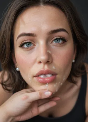 (gorgeous), (cute), (pretty), (milf:1.2), (cum on face), (bukkake), (cum running down), (facial), (cum in mouth), (cum dripping from mouth), sweaty, flushed, oiled, wet skin, sticky face, looking at viewer, eye contact, (face close up view:1.2), (kiss me lips:1.2), (kiss me face:1.2), (black background), (sharp face features), (narrow face:1.2), big eyes, mig mouth, large puffy lips, sly smirk, (view from below), clothed, black shirt, looking down, head tilted down, (pov hugging close), downblouse, spitting down, (flushed eyes), (swollen eyes), (wrinkly face)
