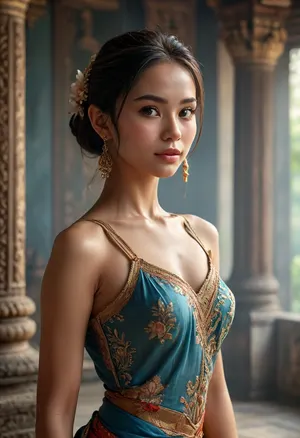 A photorealistic scene set in an ancient Thai temple, featuring a beautiful 22 years old Thai dancer in traditional attire. The dancer is performing an elegant, graceful dance, her traditional attire exposes her flat-chested, long nipples, Her traditional attire is intricately detailed, with vibrant colors and traditional patterns. The setting is lush and atmospheric, with ancient stone structures, tropical plants, and soft, natural lighting. The dancer’s face and body are depicted with exquisite detail, capturing the elegance and grace of the moment. The scene is designed to be both sensual and highly detailed, focusing on the dancer’s expression, attire, and the ambiance of the temple, Her face is characterized by gentle, almond-shaped eyes, a smooth, radiant complexion, and delicate cheekbones. She has a soft, inviting smile, and her expression exudes grace and warmth, (high resolution:1.5), 8k, perfect realistic photo, smoky blues toward the back of the room. Volumetric smoke effects, highly detailed vintage fabrics, soft cinematic depth, richly textured environment, (maximum photo quality:1.4), (maximum resolution:1.5), longnips, <lora:MJ52:.6>, <lora:hair-over-face-01-000007:.8>, <lora:longnipsxl:1.8>