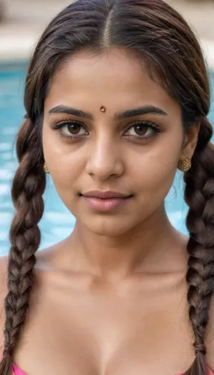 slightly young indian, calling to to have sex, double braided, saggy big natural boobs, Ultra-realistic close up shot of the back neck of a indian rural extremely brown women with dark neck facing away, back of her head where her hair is divided in half and braided to the sides, ready for braiding. Fine, delicate hair strands are visible along the nape of her neck and around the part in her hair. The lighting is soft and natural, enhancing the details of her skin and hair. The focus is on the intricate details of her neck and hair, creating a highly realistic and intimate image. on a poolside, laser focused by canon mark 7d l lenses, world renounced photography, laser focused, hooked, nose, teeth, braces, (brown skin:1.2), <lora:milkers_v2:.2>, <lora:Hooked_nose-000009:.8>, <lora:TeethXL:.1>, <lora:set4:.8>, <lora:radLoraXL:.8>