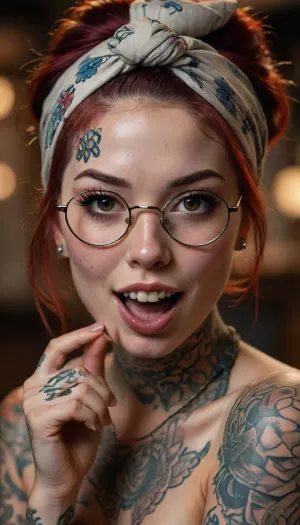 a detailed vivid drawing of an attractive woman with freckles, wearing large round glasses, with a bandana on her head, tattoos all over her face, looking straight ahead, in the style of an old-school tattoo, laughing, sticking out her tongue, beautifully and excitingly licking her middle finger, chiaroscuro lighting, hyper-detailed, realistic, professional photoshoot, 50 mm lens, highest quality, super-detailed, intricate details, 8k, fflix-geisha, <lora:Fflix-Geisha:2>