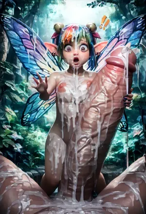 HD, sharp focus, 4k epic detail, score_9, score_8_up, hyper realistic, tiny Tinkerbell hugging a giant dick, (massive cock:1.8), (surprised expression:1.4), tiny Tinkerbell covered in cum, ((cum covered:1.9)), excessive cum, naked, round perky boobs, large tits, (big tits:1.3), rainbow colored hair, fairy wings, 1st person POV, forest setting, big eyes, perfect_eyes