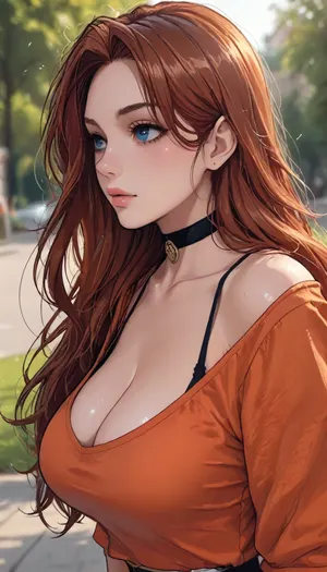 ((Melkor mancin meet markgavatino style)), reiq style, masterpiece, ((1woman, side view, 8k resolution, ultra-detailed, pale skin)), Redhead girl, long hair, wearing circle cleavage orange shirt, (giant round breasts), ((square defined jaw)), make up, at day, park and treed in background, detailed background, bust shot, 10° angle view, Sexy Girl, choker, (Shiny Skin), ratatatat74, <lora:LCMTurboMix_Euler_A_fix:1.1>, <lora:ratatatat74-000050:1.8>, <lora:mk_Bp Anime_xl:1.2>, traditional, media, <lora:Yogisya_XL:.8>