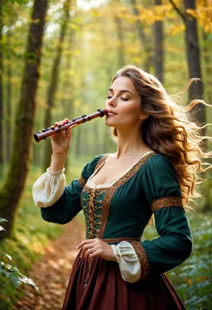 A woman with her hair blowing in the wind against a backdrop of swirling leaves, dressed in a medieval dress, plays the music of the wind in the forest on a wooden flute. Realistic, with a soft focus, a gentle smile, atmospheric, detailed illustration.