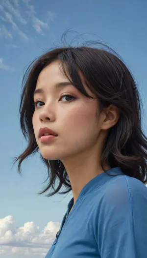 Moebius, (Jean Giraud), Style, A picture by Jean Giraud Moebius, (half body, 3/4 view portrait of an asian girl with short black wavy black hair, black hair, side view, tiny boobs, blue tunic, facing side, morning sky, 4ng3l, face, view from below, looking at viewer, mouth open a little, <lora:SDXL_BetterFaces-LoRA_v1:.5>), drawing, western backdrop in Moebius' signature style with sharp detailing and vibrant colors. Captured with a Panavision Panaflex Gold II and an Ultra Panavision 70 lens, the image is full of film grain and low, key lighting that creates a mysterious and intense atmosphere., <lora:Moebius (Jean Giraud) Style:1>