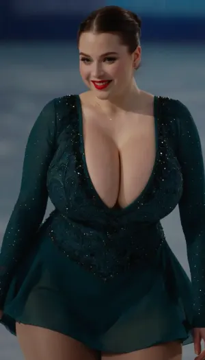 RAW photo of a 30 year old glamour smiling woman, very pale skin, red lipstick, perfect teeth, beautiful face, curvy body, (gigantic breasts, wide hips, thick thighs), (((figure skating dress))), snow background, masterpiece, best quality, high resolution, 8k uhd, high quality, extremely detailed, ultra high res, figure, skating, dress, <lora:Venus_Body_Alpha:.8>, <lora:milkers_v2:.5>, <lora:figureskatingdress_v14:.8>