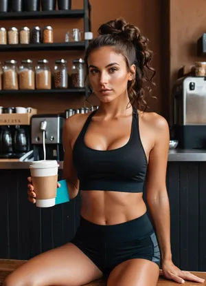 ((young brunette barista)), ((slim and very sporty body)), ((in a simple black sports bra and yoga shorts)), in a hot coffee shop stockroom. Flushed face, beads of sweat on forehead and upper lip, kind eyes, chapped licked lips. long black curly hair completely escaped from a messy bun. very deep tanned skin. Sitting on a box, one leg drawn up, drinking water, taking a break. Simple, honest, working-class sensuality., ((Full body shot)), warm harsh light of a single bulb, intimate, highly detailed, ((masterpiece)), ((professional lightning)), ((front view))