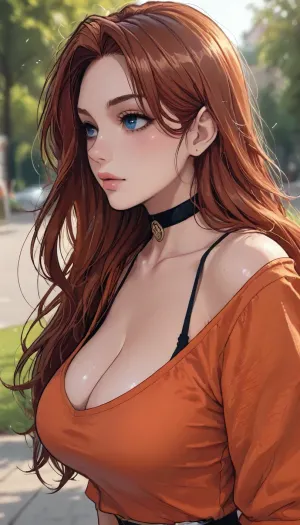 ((Melkor mancin meet markgavatino style)), reiq style, masterpiece, ((1woman, side view, 8k resolution, ultra-detailed, pale skin)), Redhead girl, long hair, wearing circle cleavage orange shirt, (giant round breasts), ((square defined jaw)), make up, at day, park and treed in background, detailed background, bust shot, 10° angle view, Sexy Girl, choker, (Shiny Skin), ratatatat74, <lora:LCMTurboMix_Euler_A_fix:1.1>, <lora:ratatatat74-000050:1.8>, <lora:mk_Bp Anime_xl:1.2>, traditional, media, <lora:Yogisya_XL:.8>