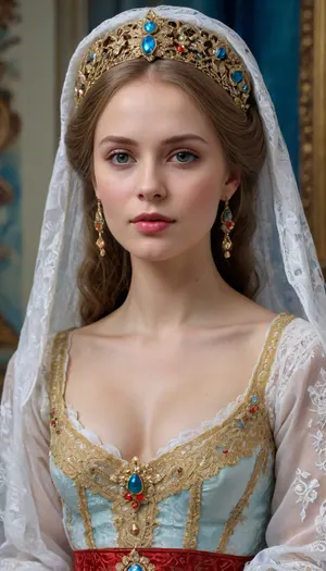 Portrait of a Russian beauty in national costume, lace filigree of bright, rich color. Super clear, highly detailed watercolor, glaze technique, plus colored alcohol ink, style of V. Vasnetsov, braless, Wearing, clothes, that, make, sense, with, Braless>, <lora:bralessSDXL_v1_00022:.8>