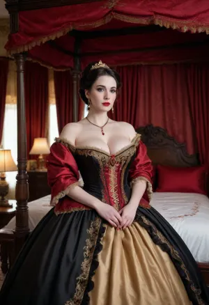(Gothic aristocrat), very pale skin, Confident smirking 30 year old, luxurious red silk bedsheets, dark gloomy haunted castle bedroom, (victorian era noblewoman in black ballgown dress with red and gold embroidery, standing in front of bed), medieval era mansion bedroom, ((wooden canopy bed with red and golden accents bed curtains)), pitch black hair in a hair bun, arms crossed under breasts, many many pillows, embroidered ball gown, hourglass ballgown, white fur shawl, frills, frilly pillow trim, frilly dress trim, (Hyper breasts, top heavy, huge breasts, hyper tits, gigantic tits)