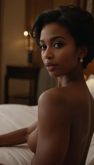 super detailed photography, high resolution, ultra detailed, extremely detailed view, (ultra detailed face:1.5), 4k, 1 woman 1 man, luxury hotel room, in the night, very attractive woman, black skinned african woman, hourglass body, tits 70c, short black hair