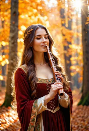A woman with flowing hair against a backdrop of falling leaves, dressed in a medieval gown, plays a wooden flute in a sun-drenched forest. Realistic, soft focus, gentle smile, atmospheric, detailed illustration.