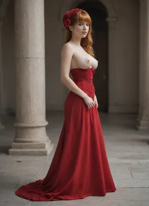 college age, 1 woman, beautiful, (perfect face), detailed, full body shot, looking over shoulder, side view, scenic view, unbuttoned red detailed corset, exposed naked large breasts, erected nipples, ginger hair, grinning, licking lips, cleavage, photorealistic, 4k, highly detailed, (wearing a bonnet), parlour, (bustle), (long dress), full body, red dress, csch1ffer, bangs, blunt_bangs, long_hair