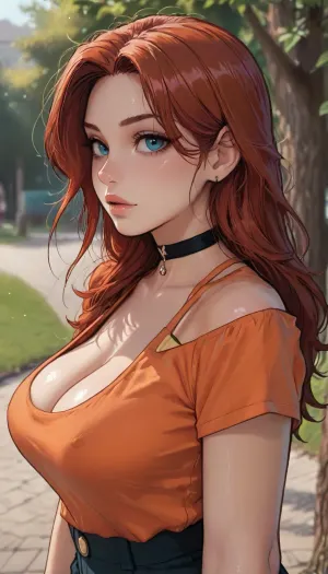 ((Melkor mancin meet markgavatino style)), reiq style, masterpiece, ((1woman, side view, 8k resolution, ultra-detailed, pale skin)), Redhead girl, long hair, wearing circle cleavage orange shirt, (giant round breasts), ((square defined jaw)), make up, at day, park and treed in background, detailed background, bust shot, 10° angle view, Sexy Girl, choker, (Shiny Skin), ratatatat74, <lora:LCMTurboMix_Euler_A_fix:1.1>, <lora:ratatatat74-000050:1.6>, <lora:mk_Bp Anime_xl:1.7>, <lora:merratatustle_illustrious_v1_vpred:1.7>, <lora:AshMilkshake_Illustrious_v1:1.9>, pointy nipples