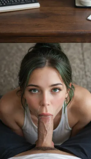 masterpiece, best quality, ultra-high-detailed, fellatio under table, 1girl, 1boy, fellatio, under table, penis, Mion Sonozaki, Green hair, cum on face, green eyes, ponytail
