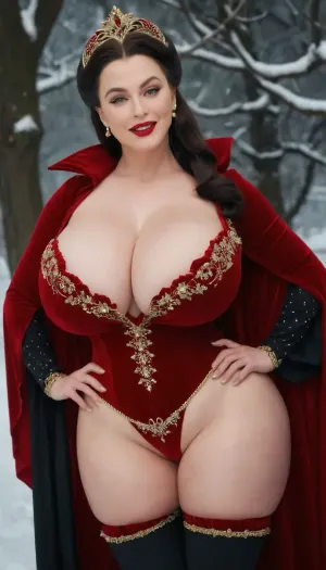 RAW photo of a 30 year old glamour smiling woman, very pale skin, red lipstick, perfect teeth, beautiful face, curvy body, (gigantic breasts, wide hips, thick thighs), (((Alcina Dimitrescu costume))), snow background, masterpiece, best quality, high resolution, 8k uhd, high quality, extremely detailed, ultra high res, <lora:Venus_Body_Alpha:.8>, <lora:milkers_v2:.5>